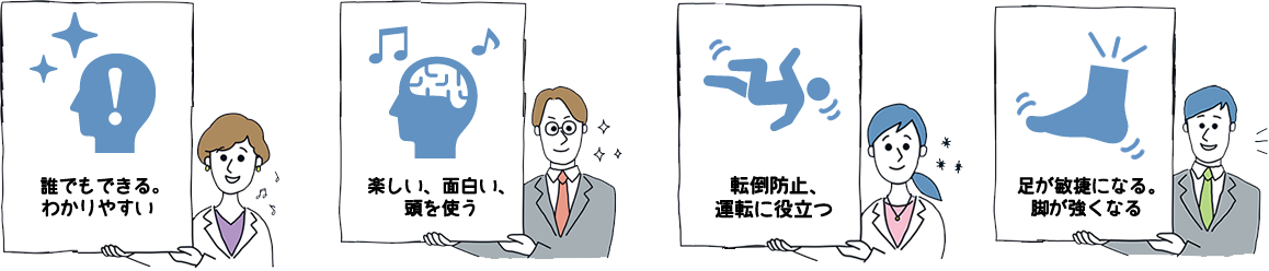 トレーニングを継続できるポイント：①誰でもできる、わかりやすい　②楽しい、面白い、頭を使う　③足が敏捷になる。脚が強くなる　④転倒防止、運転に役立つ